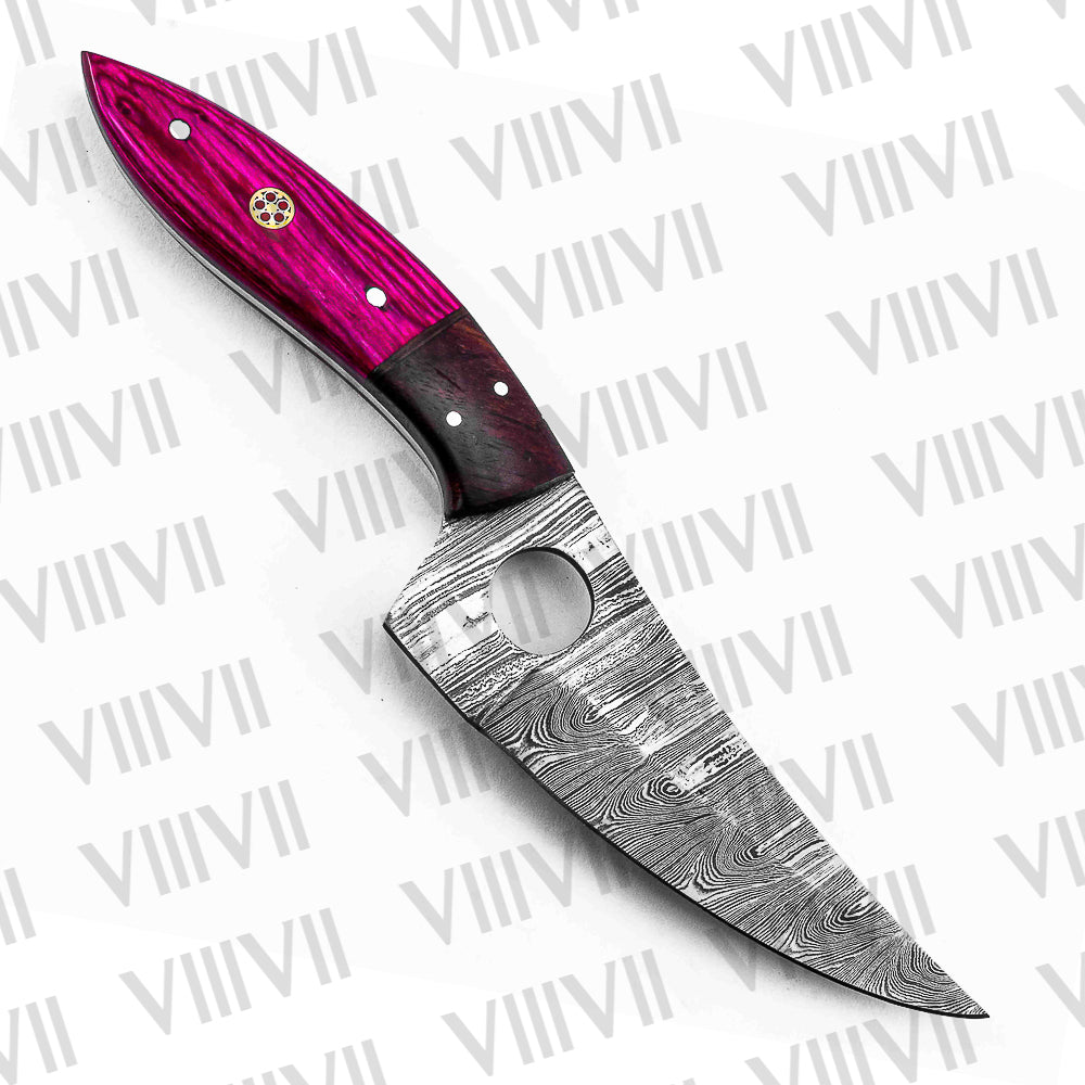 Handmade Damascus Steel Knife with Twisted Pattern & Pink Wood Handle – Outdoor & Kitchen Use