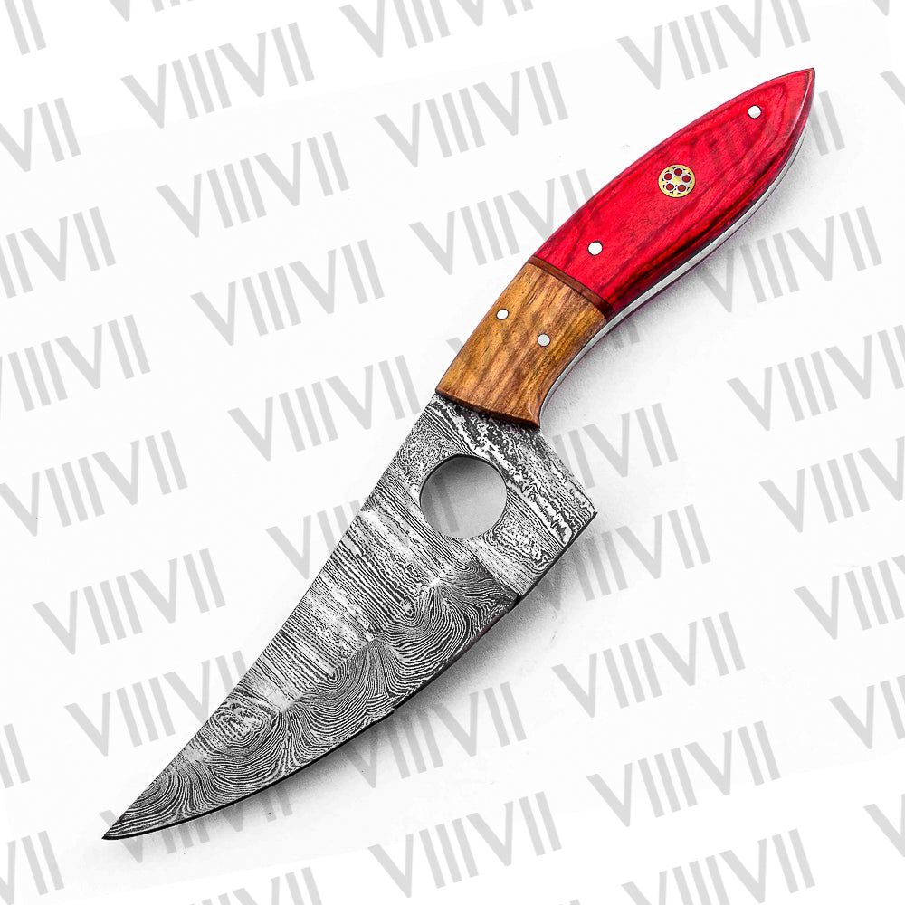 Handmade Damascus Steel Knife with Twisted Pattern & Red Ashwood Handle – Outdoor & Kitchen Tool