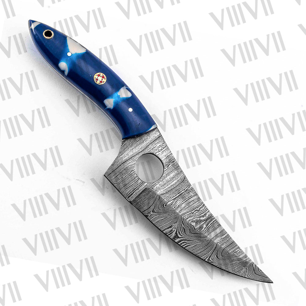 Custom Knife Forged in Damascus Steel with Beautiful Blue Resin Handle Riveted with Brass Mosaic Pins – Hunting & Outdoor Blade