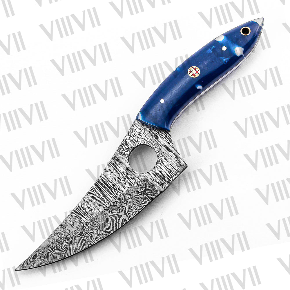 Custom Knife Forged in Damascus Steel with Beautiful Blue Resin Handle Riveted with Brass Mosaic Pins – Hunting & Outdoor Blade
