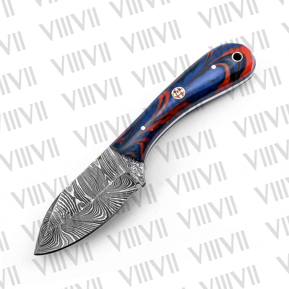 Forged Damascus Knife with Twisted Pattern Blade & Red-Blue Resin Handle – Handmade Hunting & Kitchen Knife