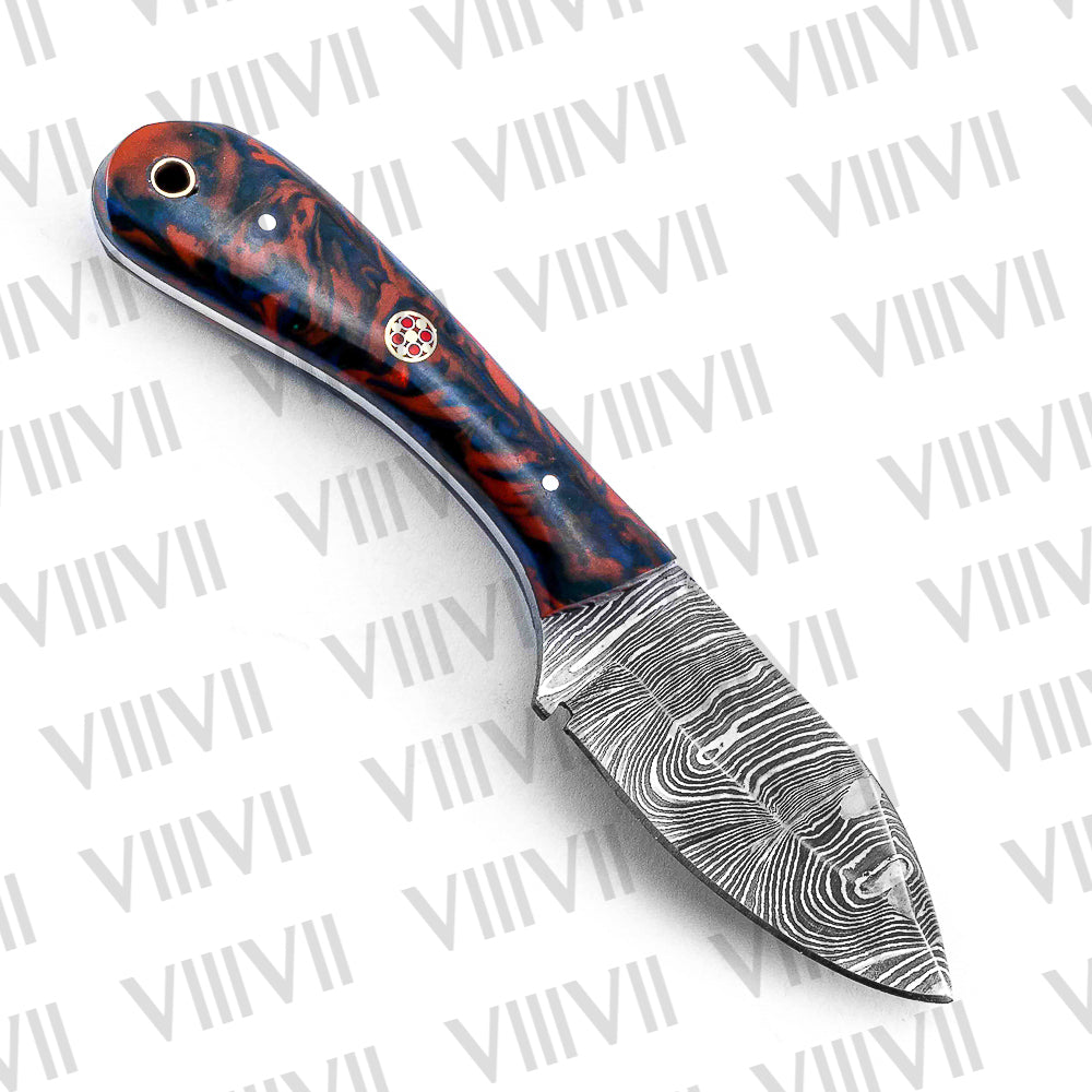 Forged Damascus Knife with Twisted Pattern Blade & Red-Blue Resin Handle – Handmade Hunting & Kitchen Knife