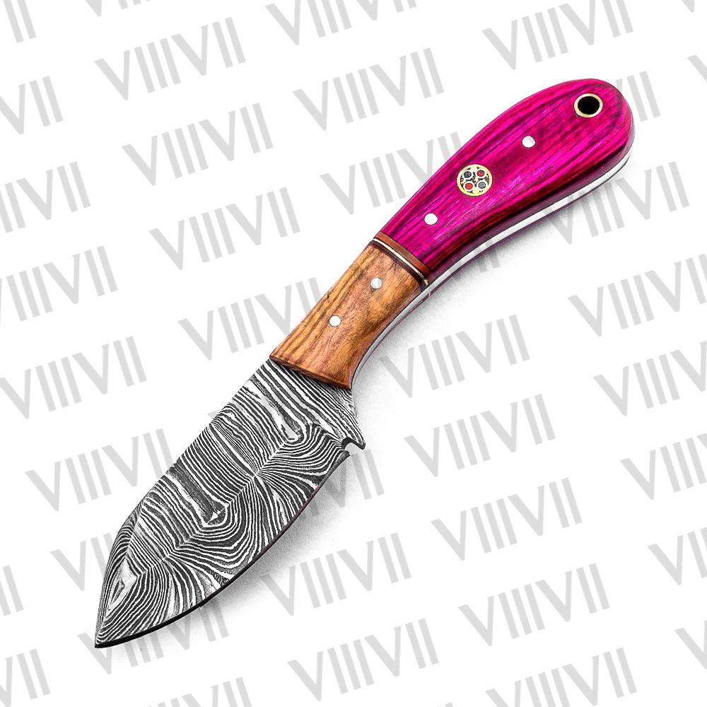 Forged Pink Knife in Damascus Steel with Twisted Pattern Blade & Pink Wood Handle – Handmade Outdoor & Kitchen Knife