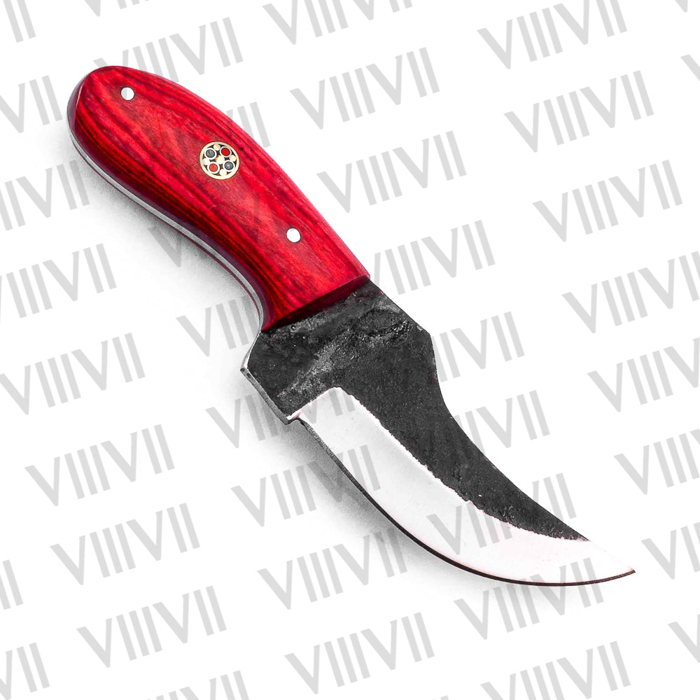 Forged Red Hunting Knife with Blood Red Wood Handle & Brass Mosaic Pins – Compact Outdoor Skinning Blade