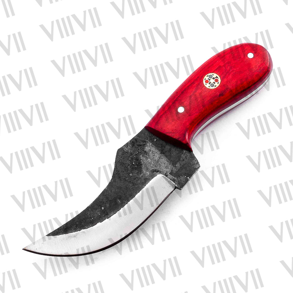 Forged Red Hunting Knife with Blood Red Wood Handle & Brass Mosaic Pins – Compact Outdoor Skinning Blade