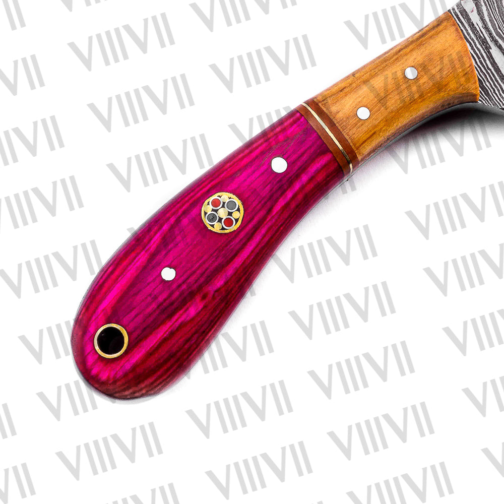 Forged Pink Knife in Damascus Steel with Twisted Pattern Blade & Pink Wood Handle – Handmade Outdoor & Kitchen Knife