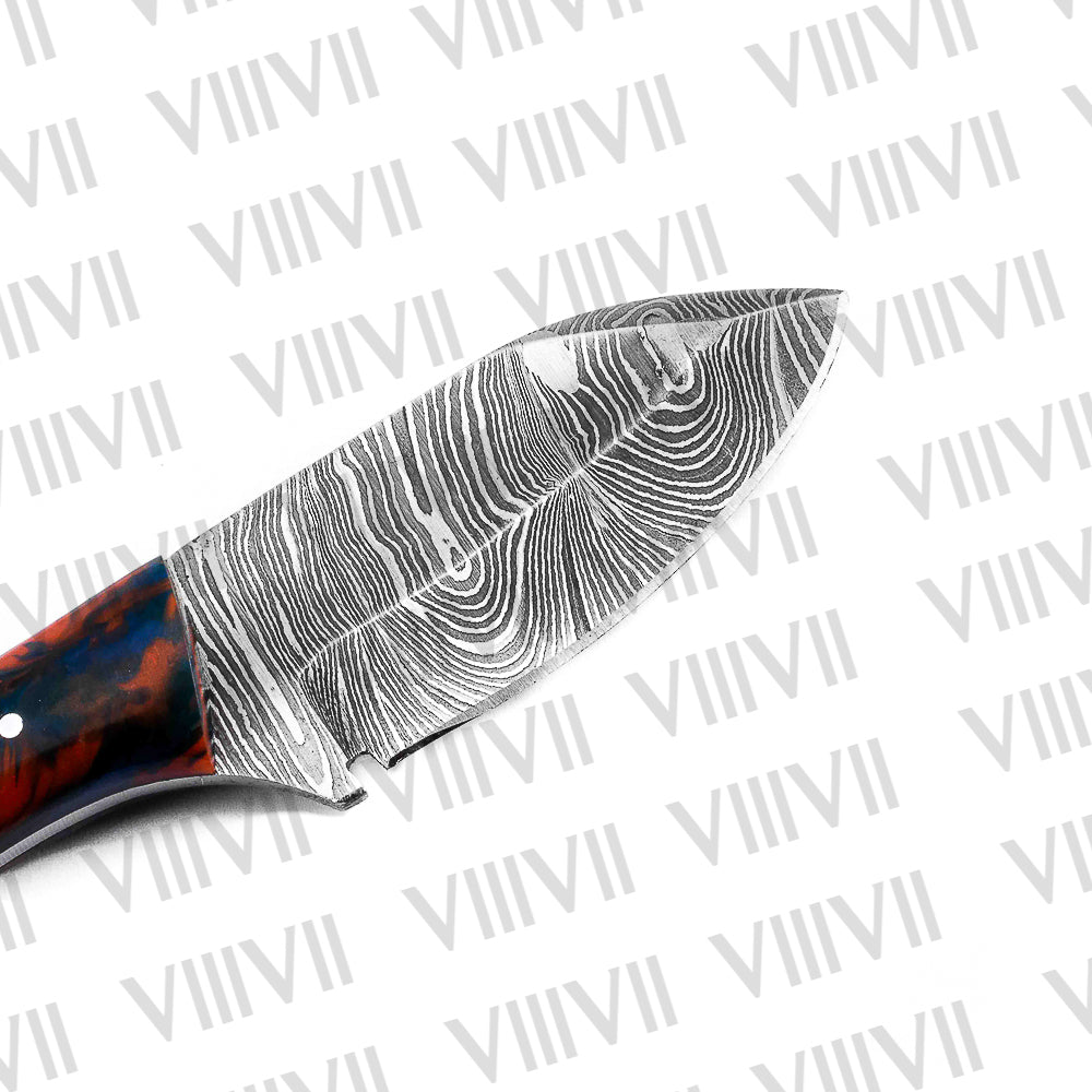 Forged Damascus Knife with Twisted Pattern Blade & Red-Blue Resin Handle – Handmade Hunting & Kitchen Knife