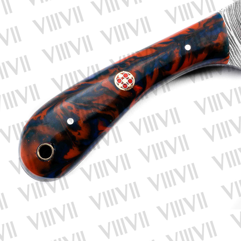 Forged Damascus Knife with Twisted Pattern Blade & Red-Blue Resin Handle – Handmade Hunting & Kitchen Knife
