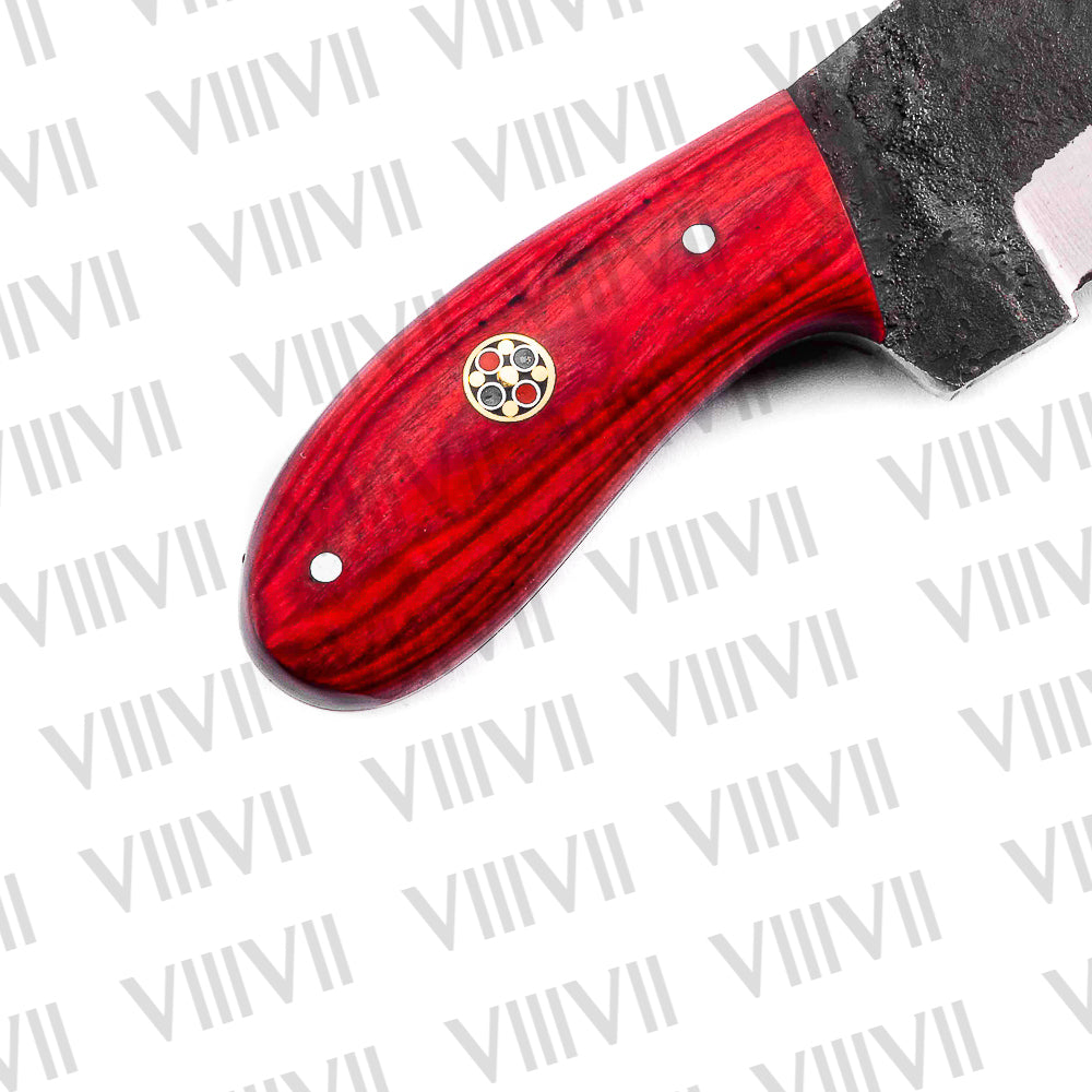 Forged Red Hunting Knife with Blood Red Wood Handle & Brass Mosaic Pins – Compact Outdoor Skinning Blade