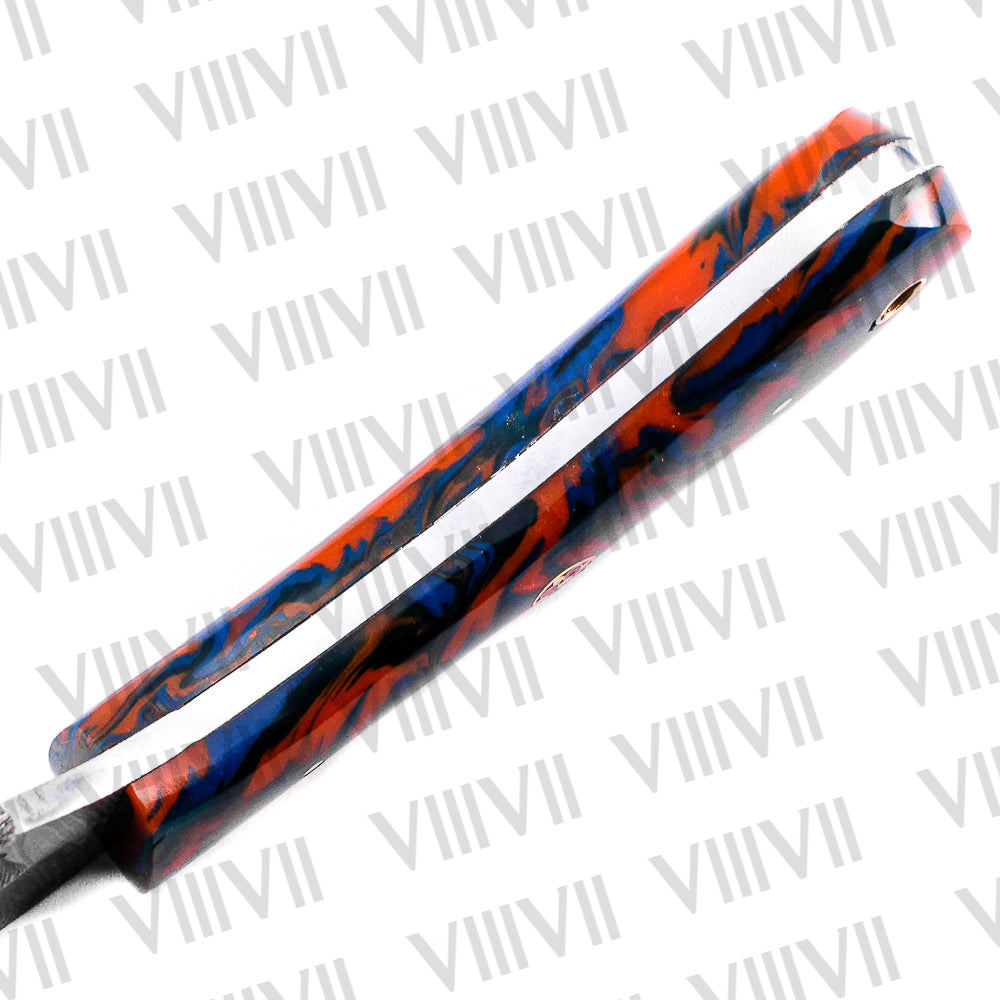 Forged Damascus Knife with Twisted Pattern Blade & Red-Blue Resin Handle – Handmade Hunting & Kitchen Knife