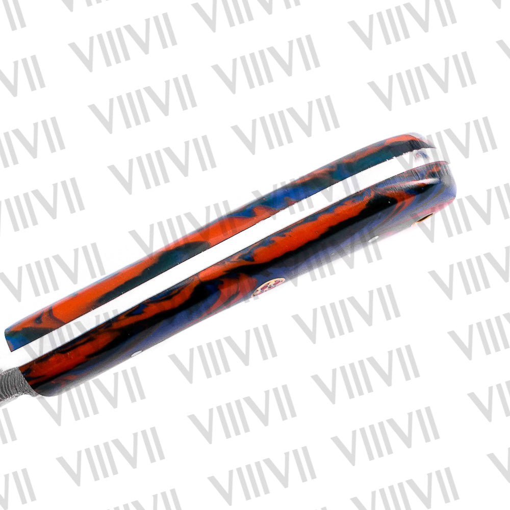Forged Damascus Knife with Twisted Pattern Blade & Red-Blue Resin Handle – Handmade Hunting & Kitchen Knife