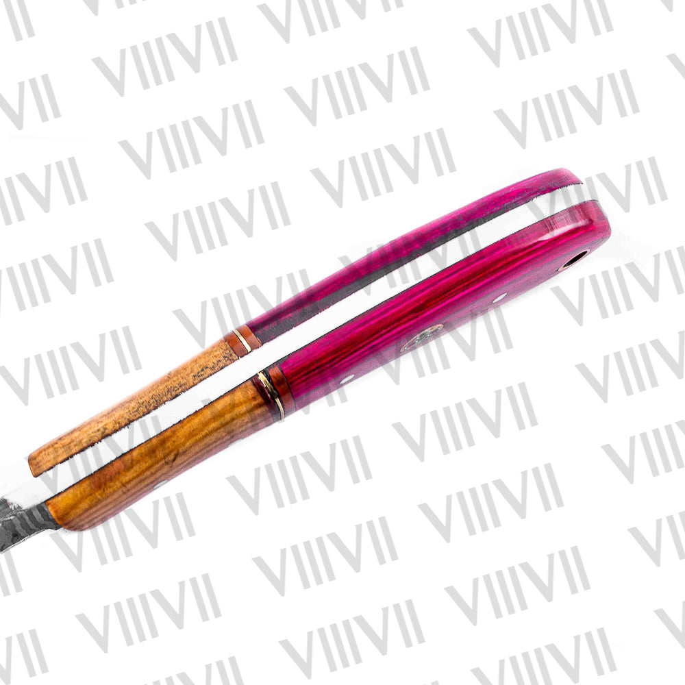 Forged Pink Knife in Damascus Steel with Twisted Pattern Blade & Pink Wood Handle – Handmade Outdoor & Kitchen Knife