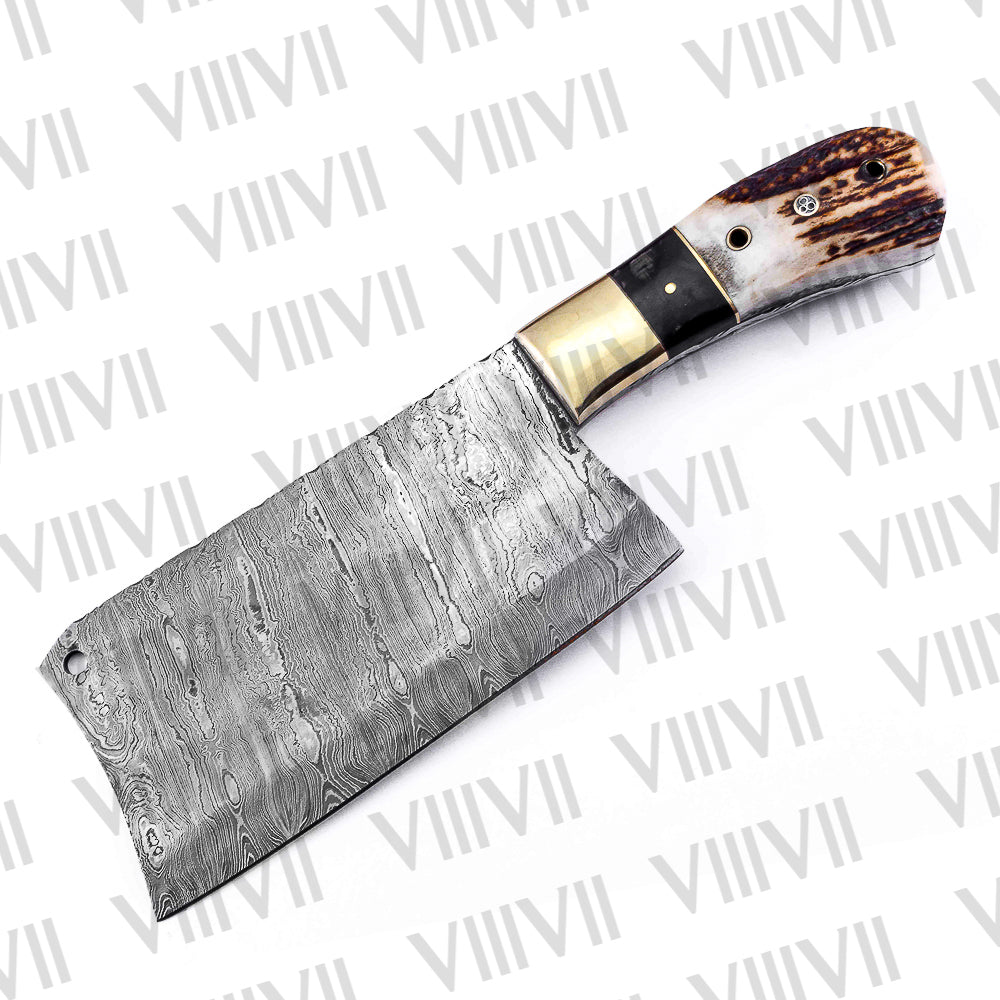Damascus Steel Cleaver with Antique Antler Handle and Leather Sheath Hand Forged Butcher Knife