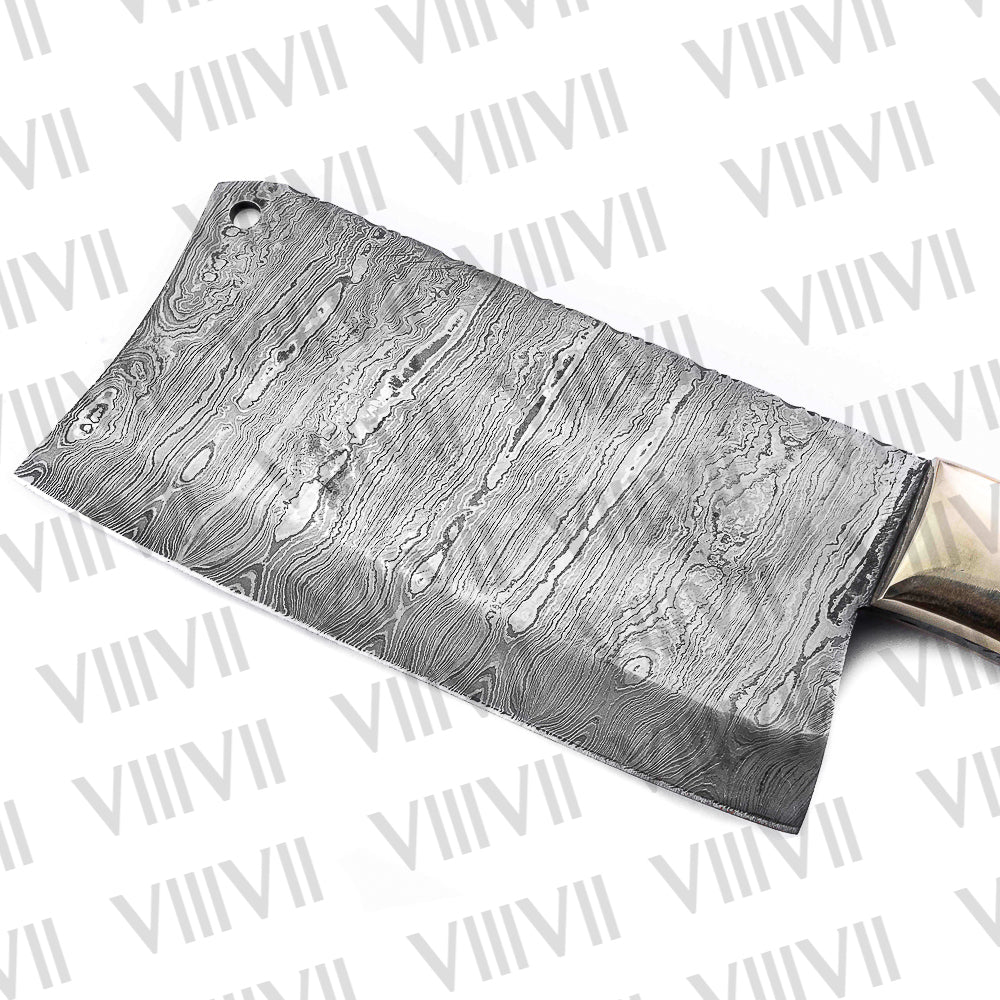 Damascus Steel Cleaver with Antique Antler Handle and Leather Sheath Hand Forged Butcher Knife