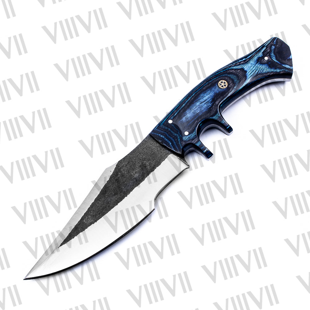 Hunting Knife with Fixed Blade & Blue Ashwood Handle | D2 Steel + Leather Sheath | Gift for Hunters & Outdoorsmen