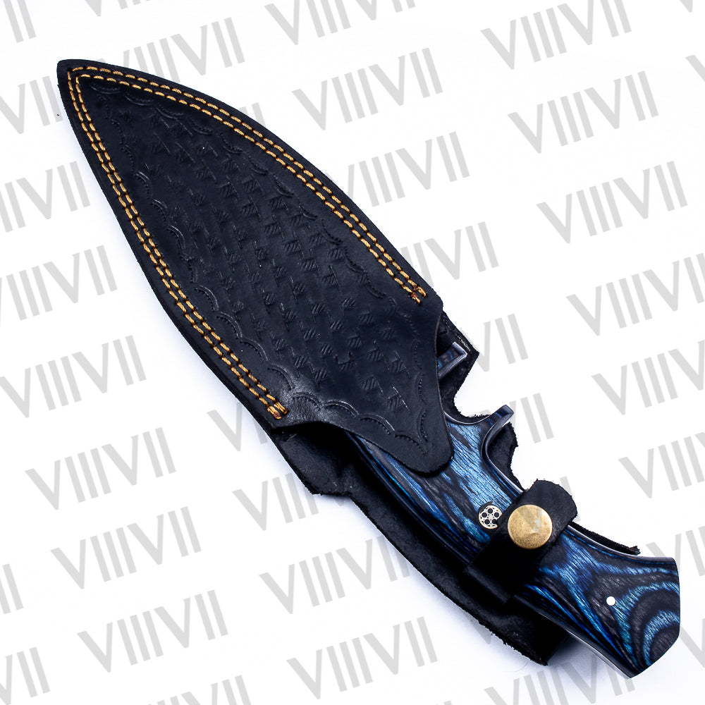 Hunting Knife with Fixed Blade & Blue Ashwood Handle | D2 Steel + Leather Sheath | Gift for Hunters & Outdoorsmen