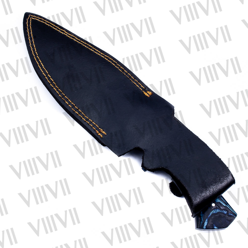 Hunting Knife with Fixed Blade & Blue Ashwood Handle | D2 Steel + Leather Sheath | Gift for Hunters & Outdoorsmen