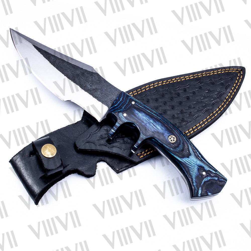 Hunting Knife with Fixed Blade & Blue Ashwood Handle | D2 Steel + Leather Sheath | Gift for Hunters & Outdoorsmen