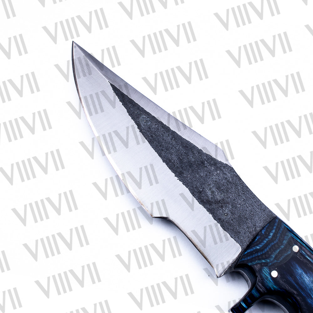 Hunting Knife with Fixed Blade & Blue Ashwood Handle | D2 Steel + Leather Sheath | Gift for Hunters & Outdoorsmen