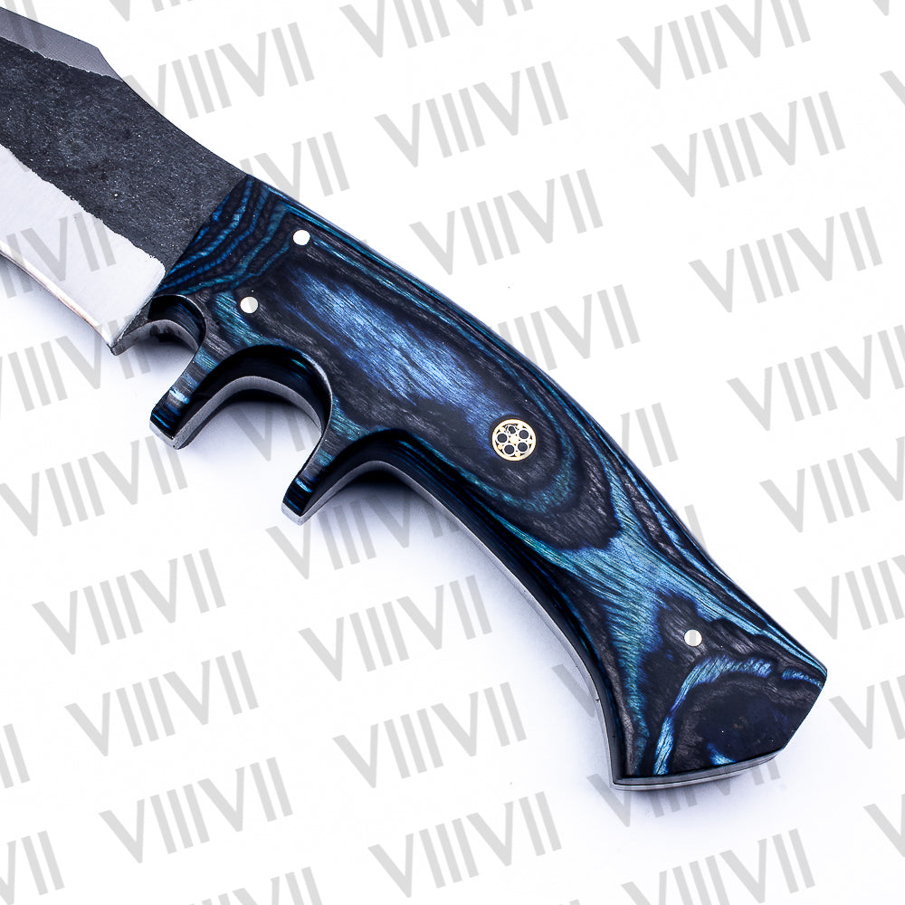 Hunting Knife with Fixed Blade & Blue Ashwood Handle | D2 Steel + Leather Sheath | Gift for Hunters & Outdoorsmen