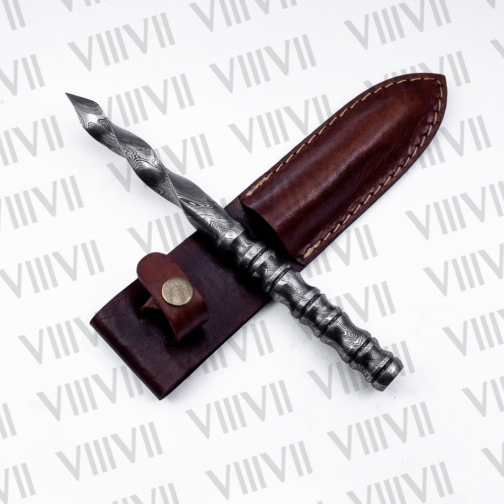 Damascus Steel Tri-Edge Dagger Hand Forged Twisted Blade Knife with Leather Sheath Collectible Handmade Knife Gift