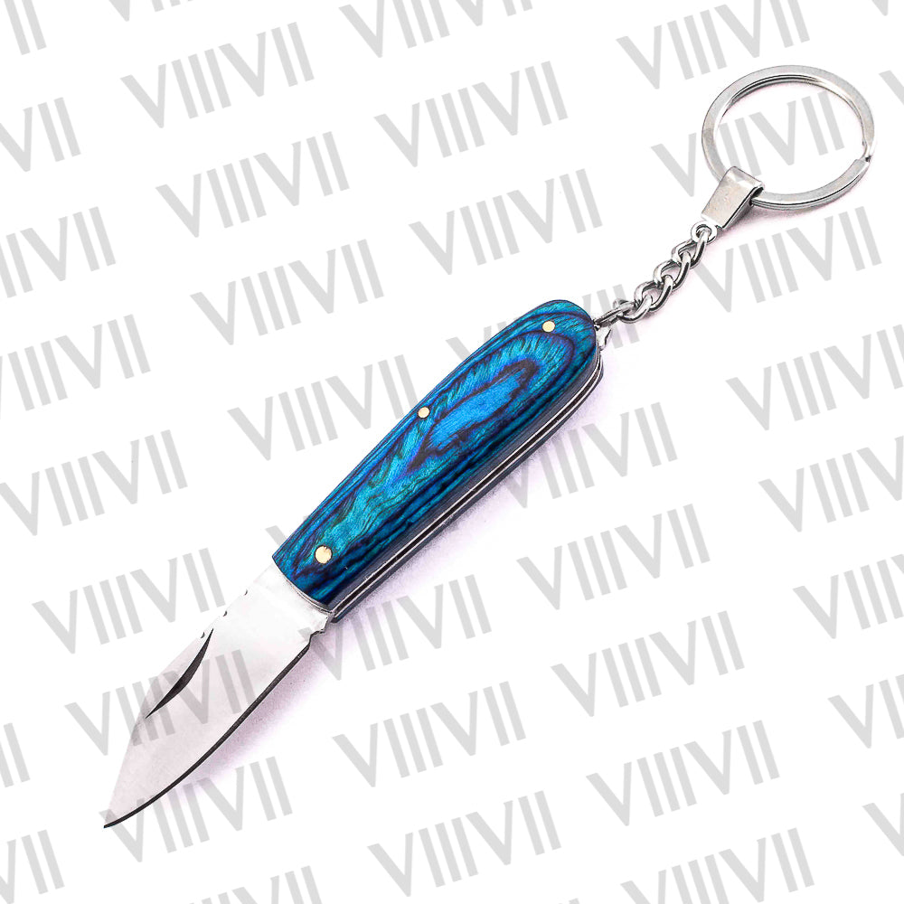 Folding Pocket Knife Keychain – Damascus or Stainless Steel Blade with Blue Wood Handle | Mini EDC Utility Knife for Gifting & Everyday Carry