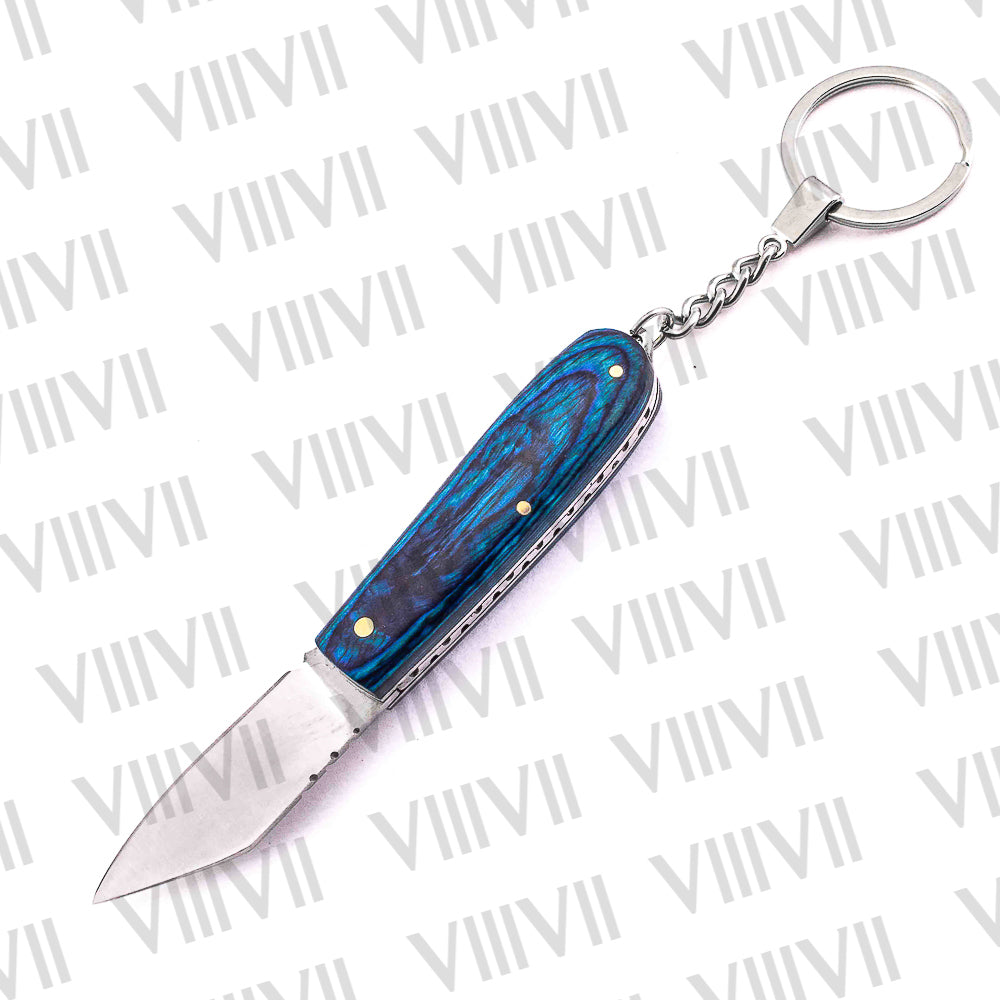 Folding Pocket Knife Keychain – Damascus or Stainless Steel Blade with Blue Wood Handle | Mini EDC Utility Knife for Gifting & Everyday Carry
