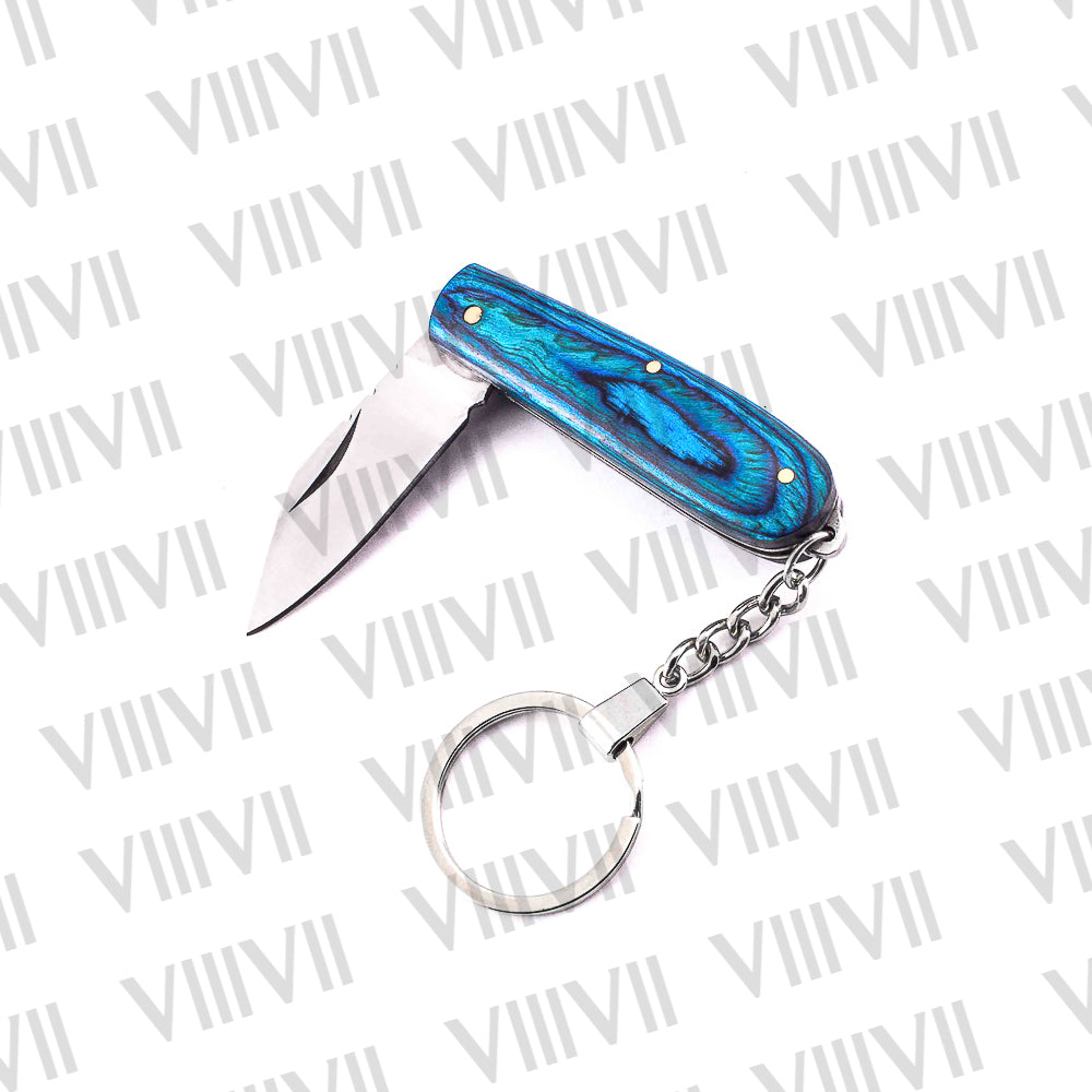 Folding Pocket Knife Keychain – Damascus or Stainless Steel Blade with Blue Wood Handle | Mini EDC Utility Knife for Gifting & Everyday Carry