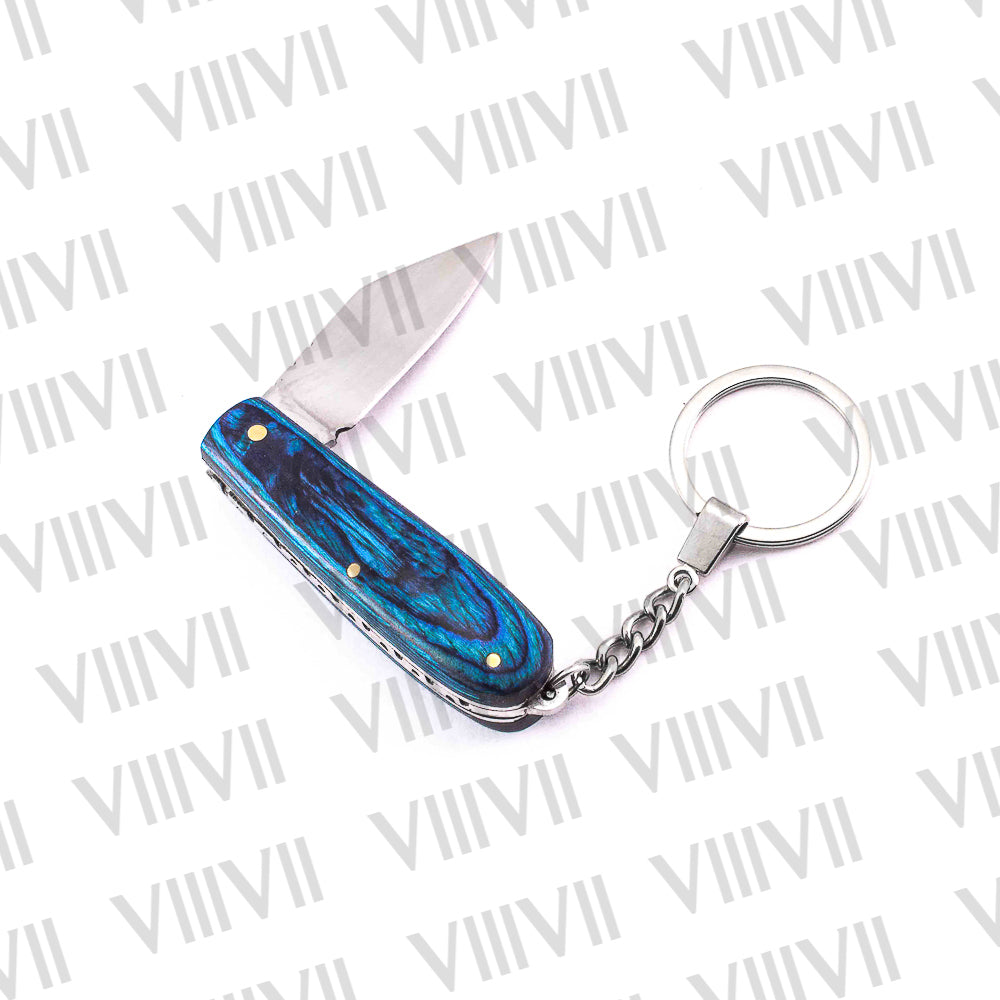 Folding Pocket Knife Keychain – Damascus or Stainless Steel Blade with Blue Wood Handle | Mini EDC Utility Knife for Gifting & Everyday Carry
