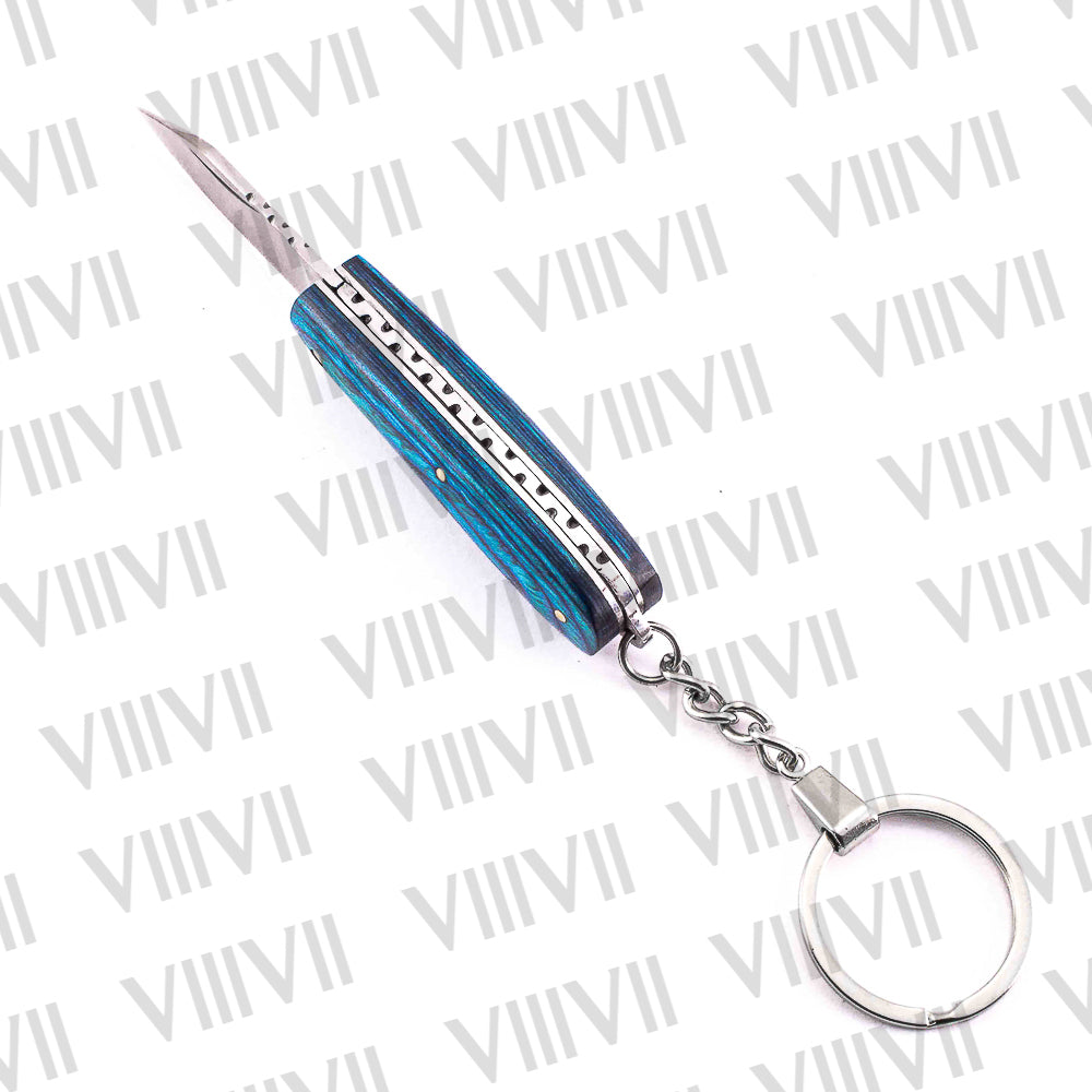 Folding Pocket Knife Keychain – Damascus or Stainless Steel Blade with Blue Wood Handle | Mini EDC Utility Knife for Gifting & Everyday Carry