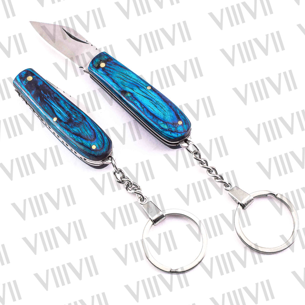 Folding Pocket Knife Keychain – Damascus or Stainless Steel Blade with Blue Wood Handle | Mini EDC Utility Knife for Gifting & Everyday Carry