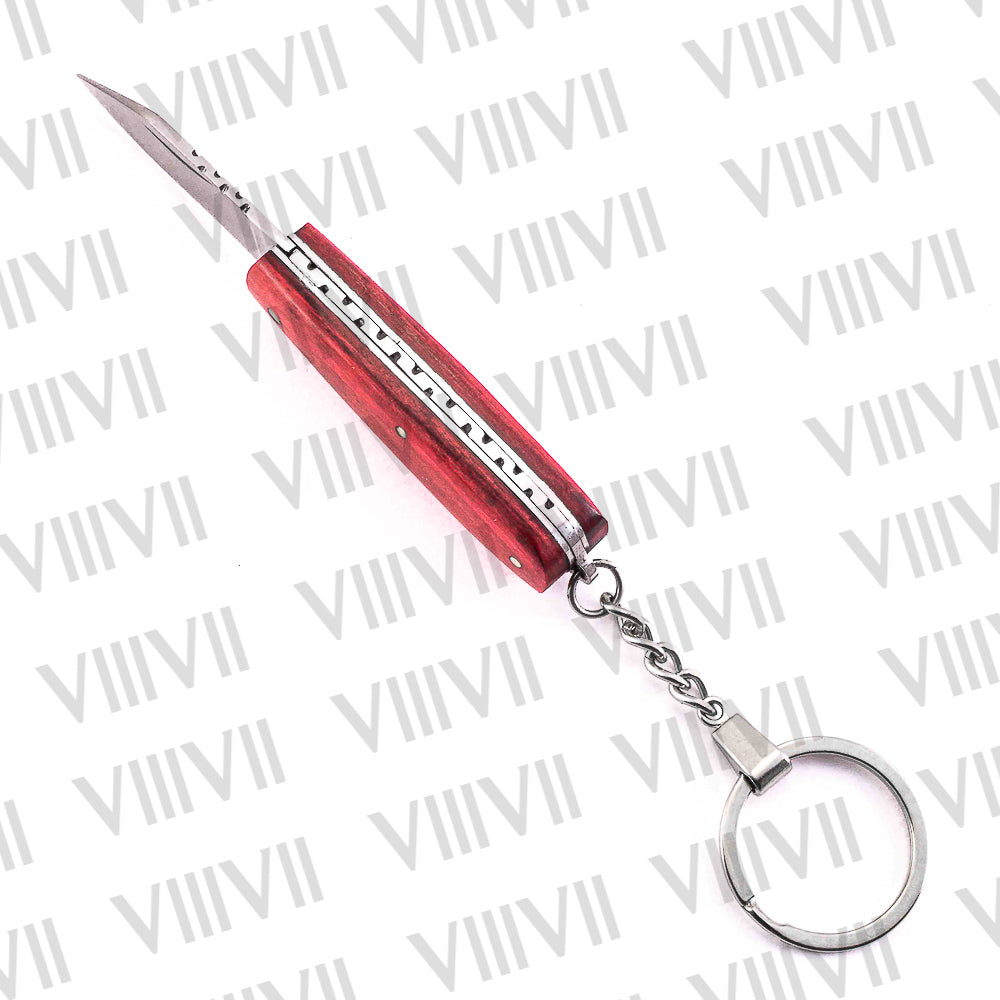 Folding Pocket Knife Keychain – Damascus or Stainless Steel Blade with Red Wood Handle | Mini EDC Knife for Gift, Camping & Daily Utility