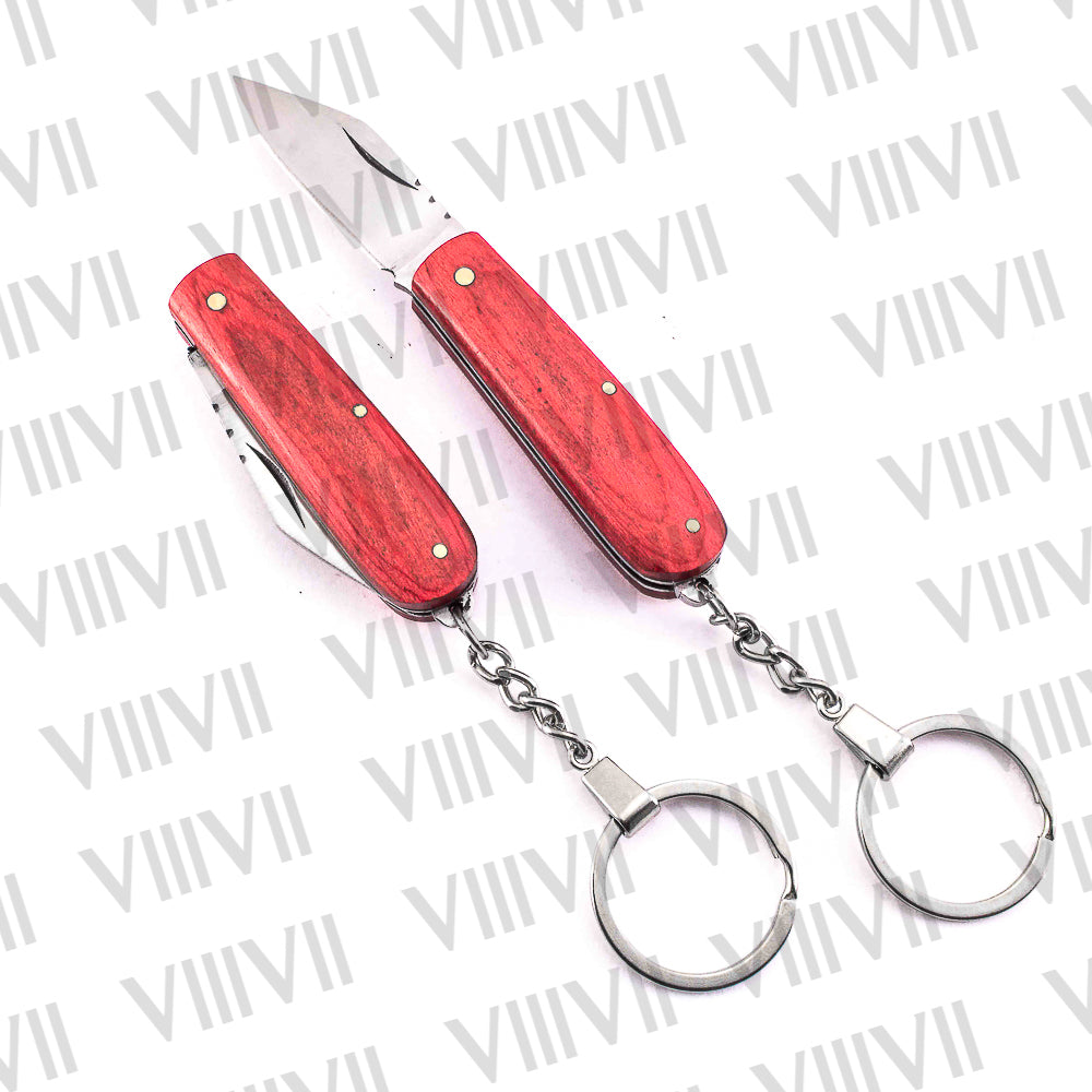 Folding Pocket Knife Keychain – Damascus or Stainless Steel Blade with Red Wood Handle | Mini EDC Knife for Gift, Camping & Daily Utility