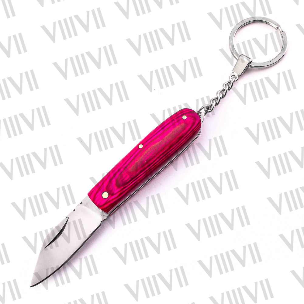 Folding Pocket Knife Keychain – Damascus or Stainless Blade with Pink Wood Handle | Mini EDC Gift Knife for Women, Camping & Everyday Use