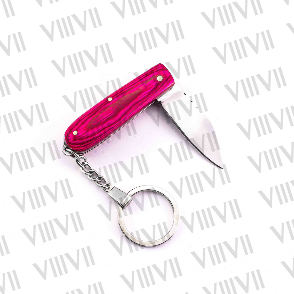 Folding Pocket Knife Keychain – Damascus or Stainless Blade with Pink Wood Handle | Mini EDC Gift Knife for Women, Camping & Everyday Use