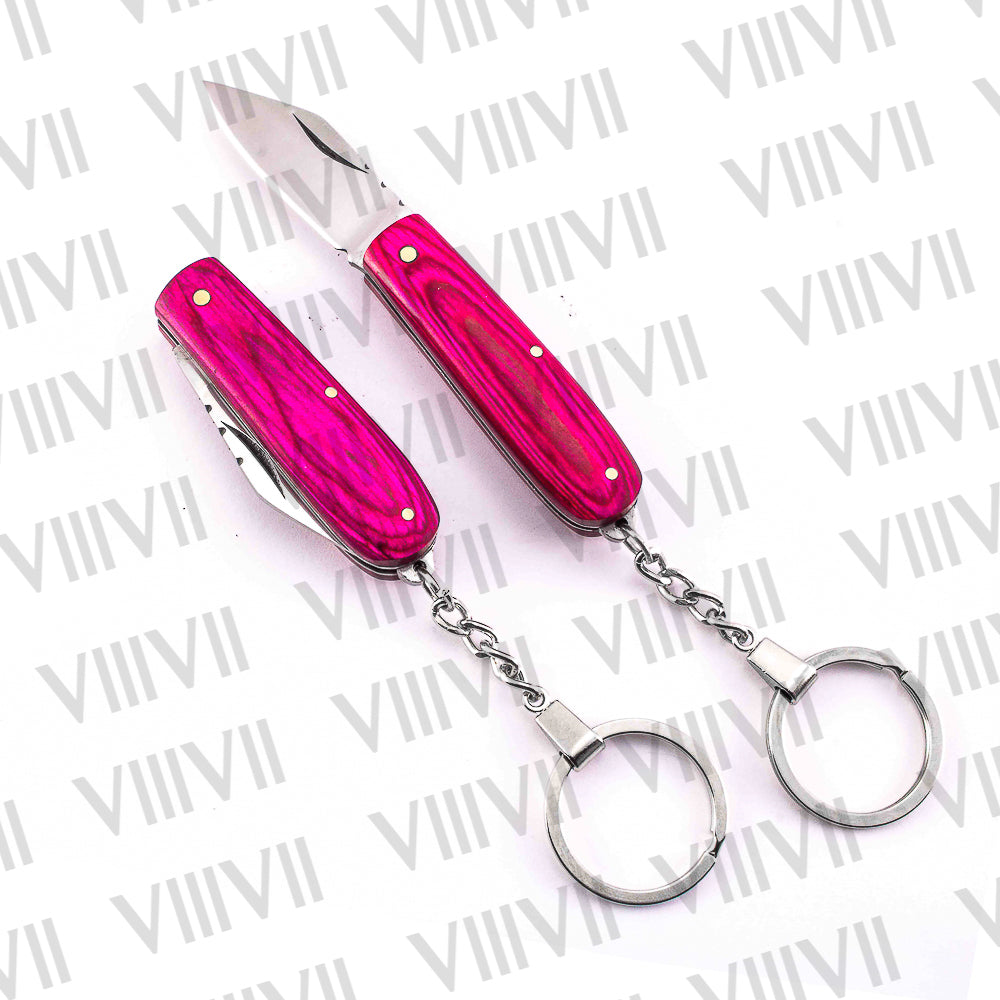 Folding Pocket Knife Keychain – Damascus or Stainless Blade with Pink Wood Handle | Mini EDC Gift Knife for Women, Camping & Everyday Use