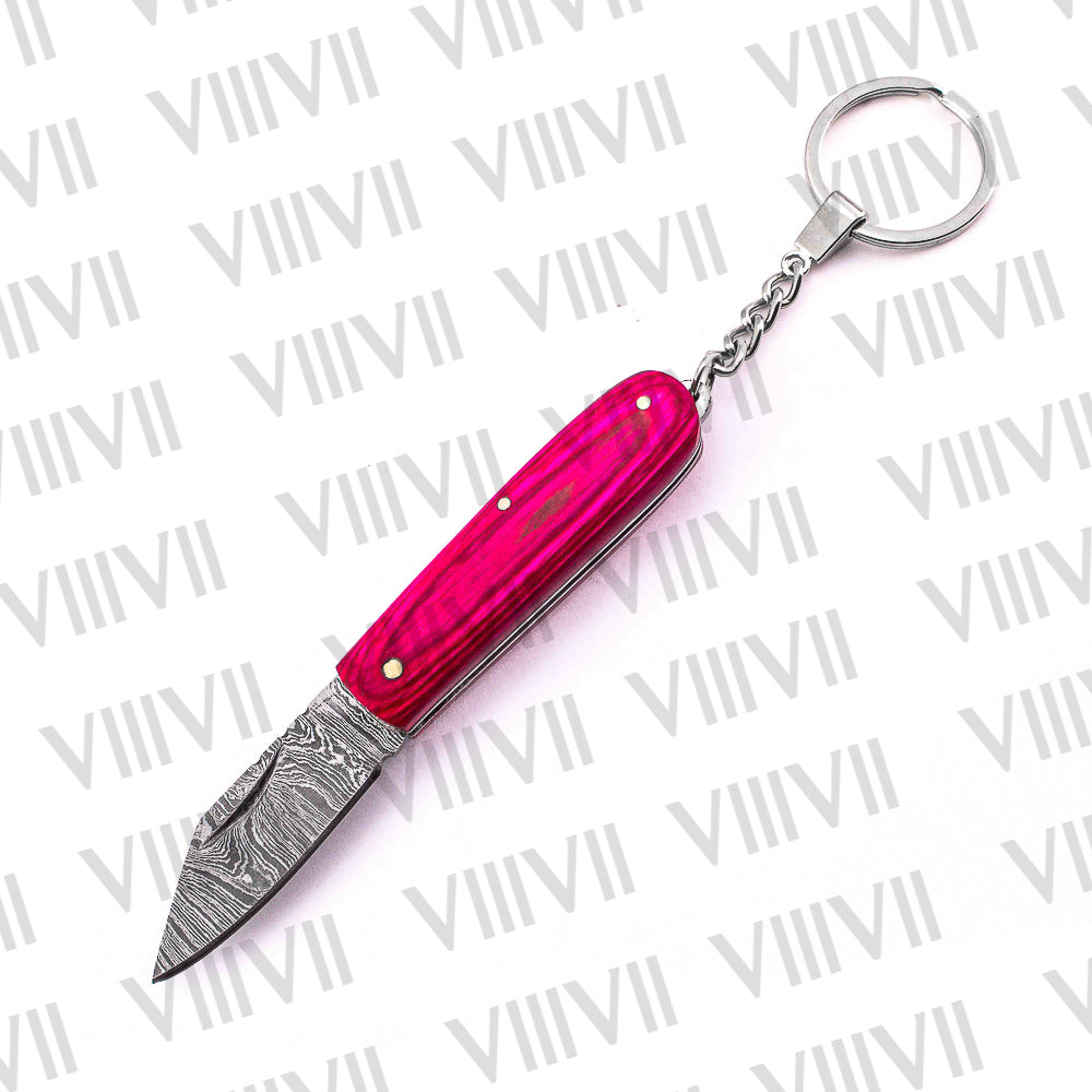 Folding Pocket Knife Keychain – Damascus or Stainless Blade with Pink Wood Handle | Mini EDC Gift Knife for Women, Camping & Everyday Use