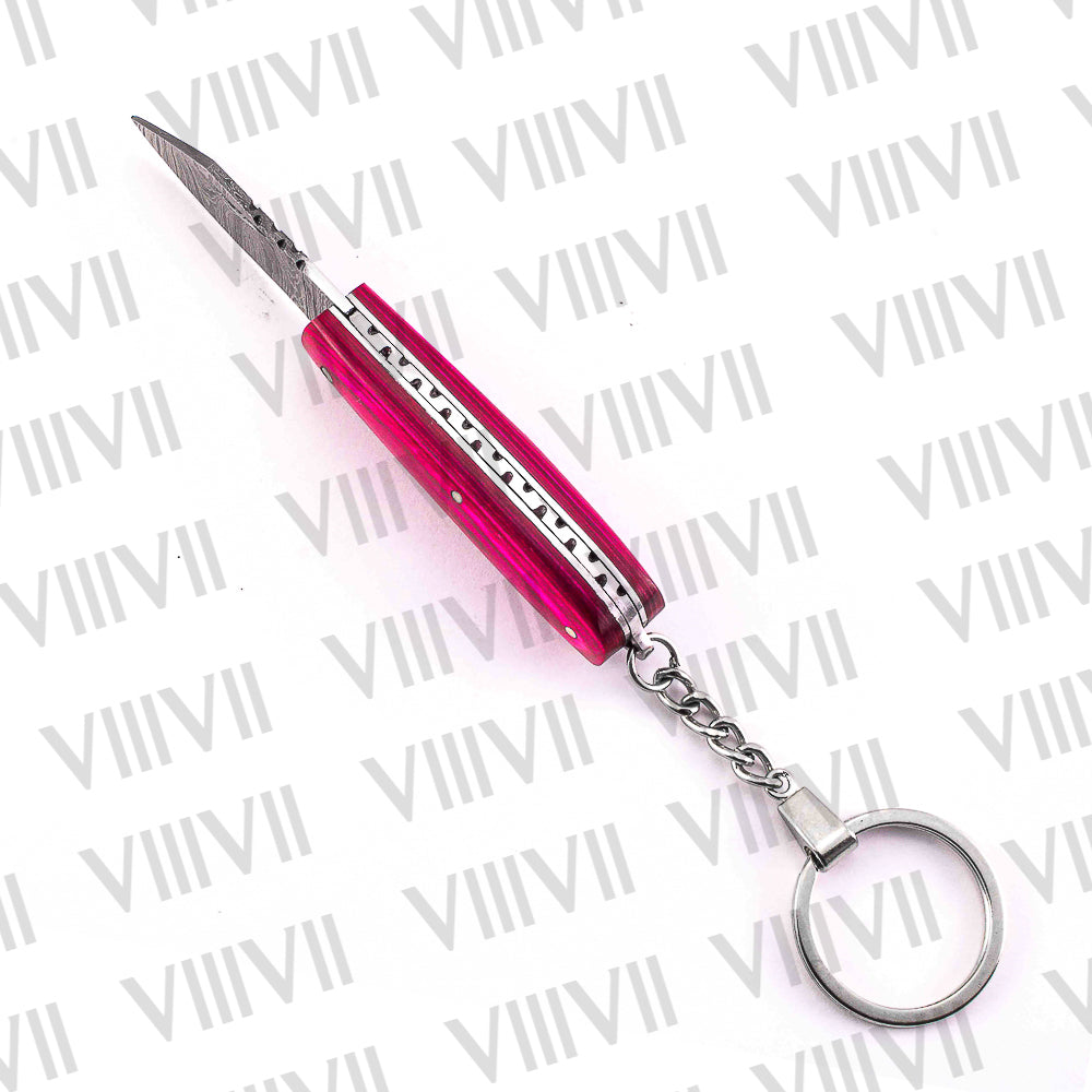 Folding Pocket Knife Keychain – Damascus or Stainless Blade with Pink Wood Handle | Mini EDC Gift Knife for Women, Camping & Everyday Use