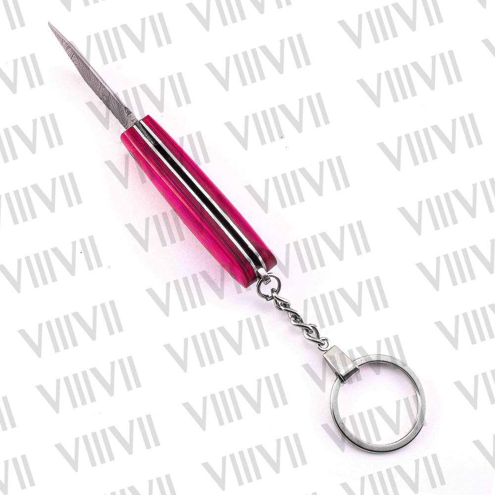 Folding Pocket Knife Keychain – Damascus or Stainless Blade with Pink Wood Handle | Mini EDC Gift Knife for Women, Camping & Everyday Use