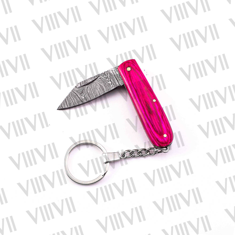 Folding Pocket Knife Keychain – Damascus or Stainless Blade with Pink Wood Handle | Mini EDC Gift Knife for Women, Camping & Everyday Use