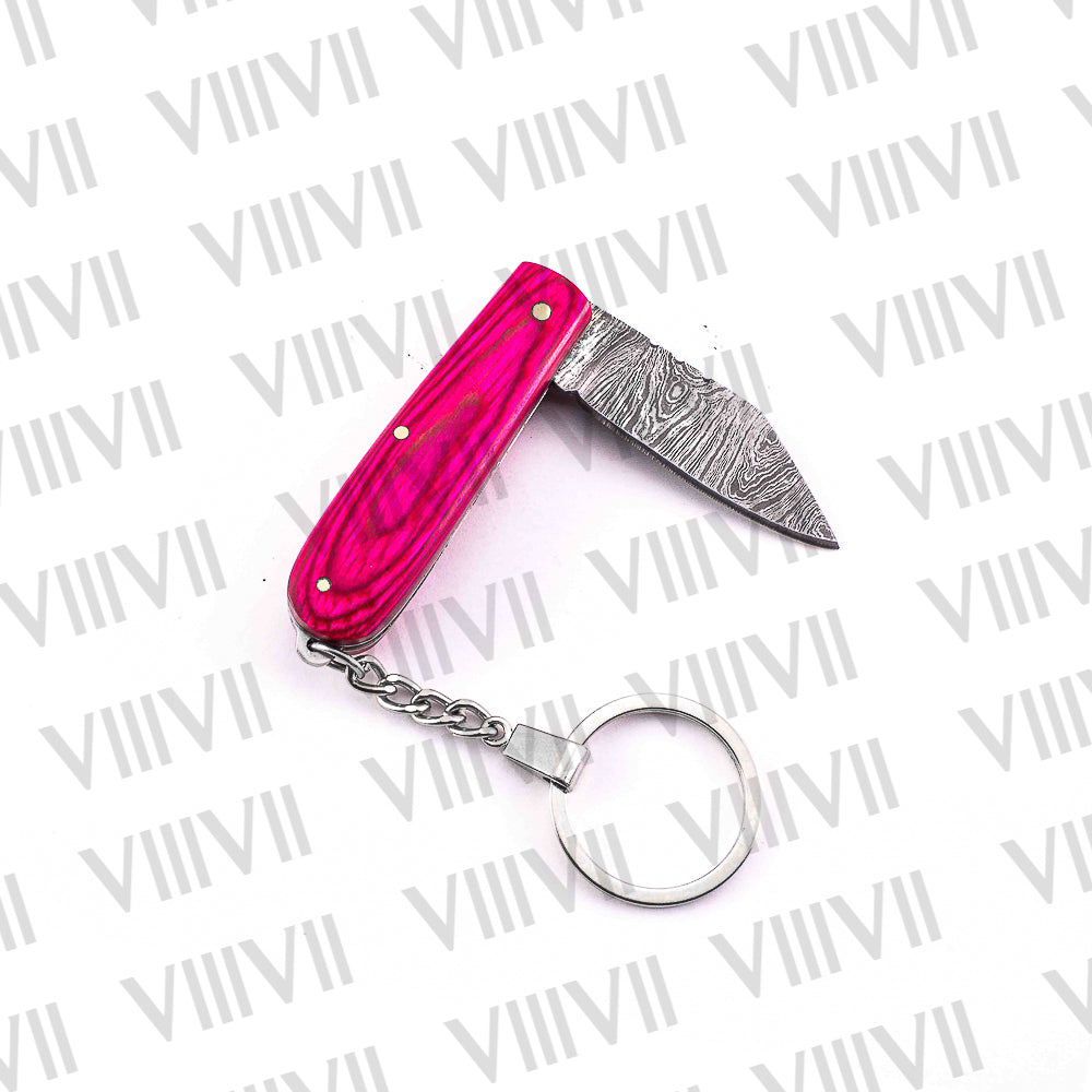 Folding Pocket Knife Keychain – Damascus or Stainless Blade with Pink Wood Handle | Mini EDC Gift Knife for Women, Camping & Everyday Use