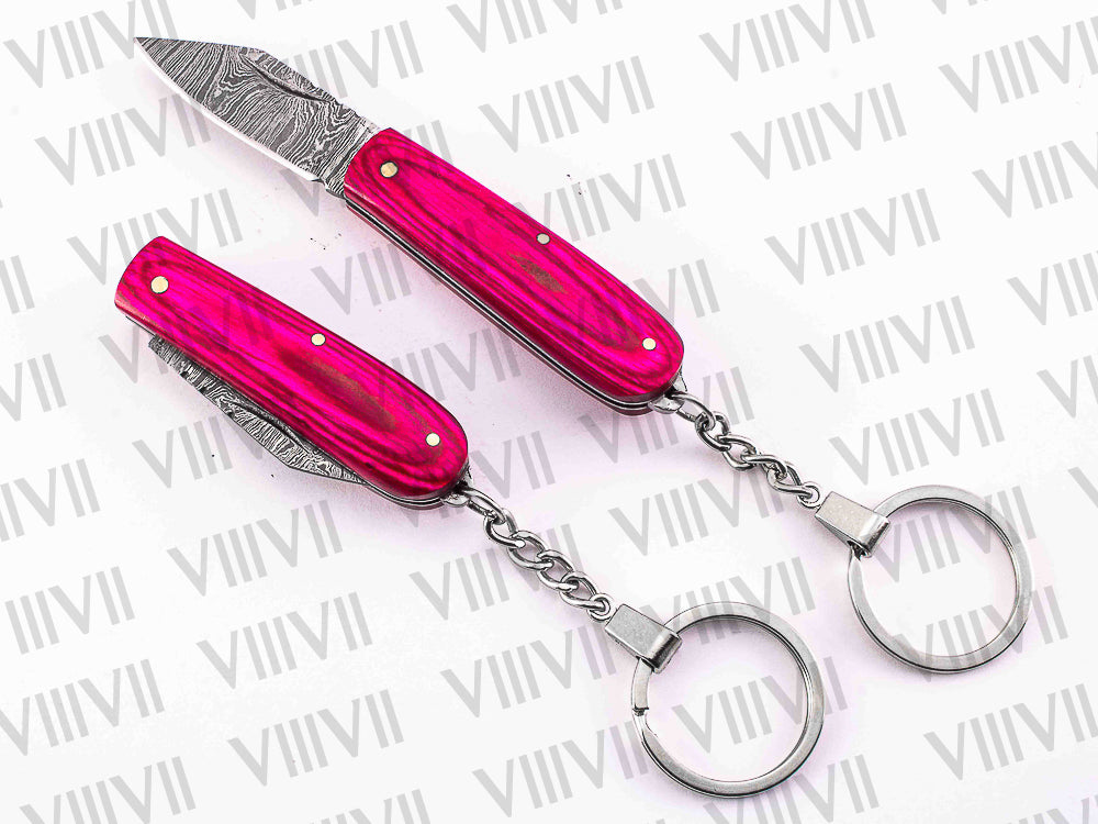 Folding Pocket Knife Keychain – Damascus or Stainless Blade with Pink Wood Handle | Mini EDC Gift Knife for Women, Camping & Everyday Use