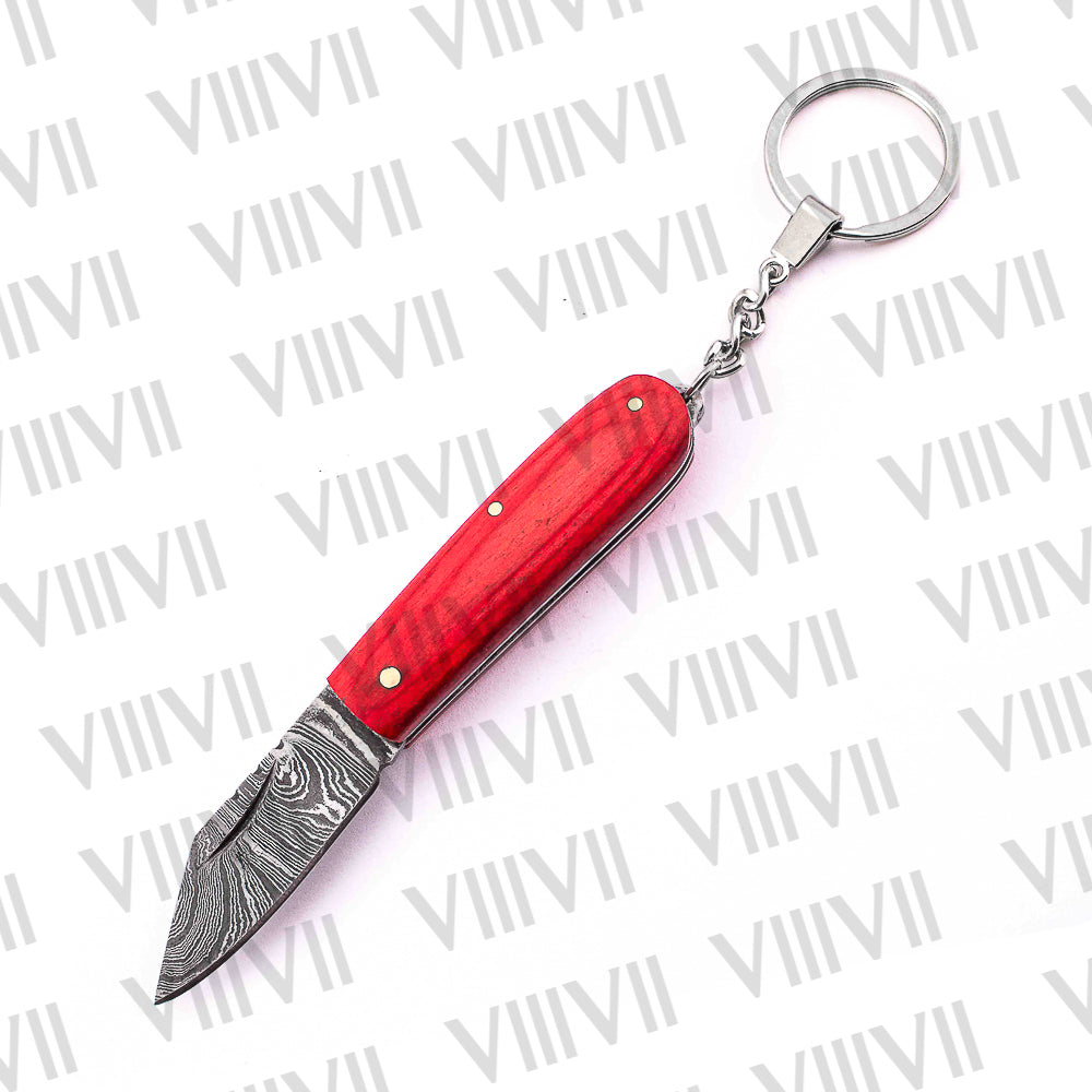 Folding Pocket Knife Keychain – Damascus or Stainless Steel Blade with Red Wood Handle | Mini EDC Knife for Gift, Camping & Daily Utility