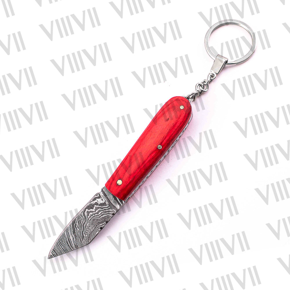 Folding Pocket Knife Keychain – Damascus or Stainless Steel Blade with Red Wood Handle | Mini EDC Knife for Gift, Camping & Daily Utility