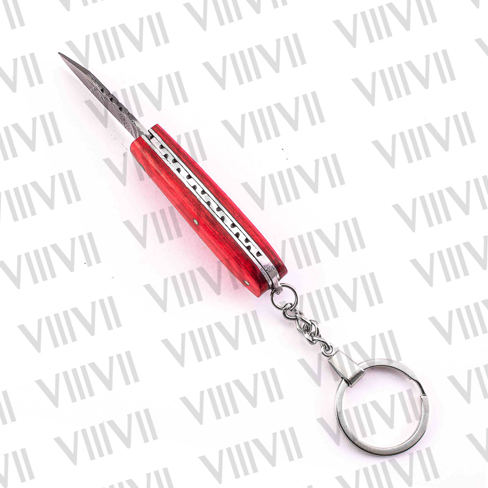 Folding Pocket Knife Keychain – Damascus or Stainless Steel Blade with Red Wood Handle | Mini EDC Knife for Gift, Camping & Daily Utility