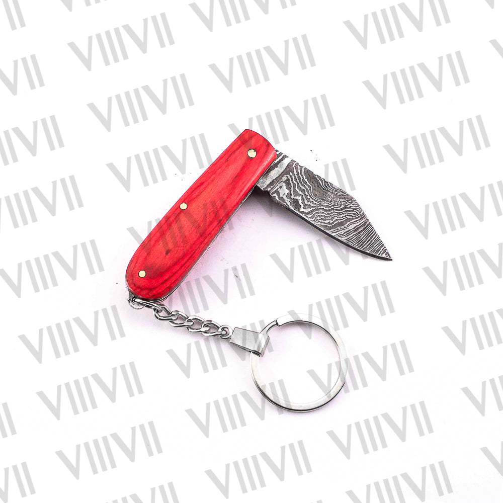 Folding Pocket Knife Keychain – Damascus or Stainless Steel Blade with Red Wood Handle | Mini EDC Knife for Gift, Camping & Daily Utility