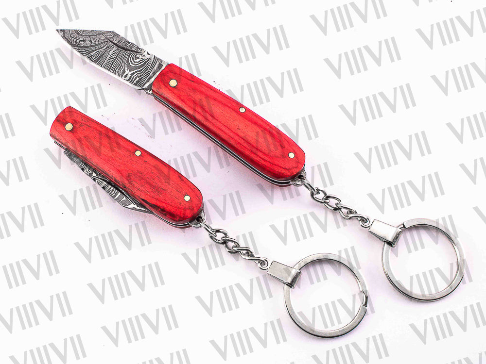 Folding Pocket Knife Keychain – Damascus or Stainless Steel Blade with Red Wood Handle | Mini EDC Knife for Gift, Camping & Daily Utility