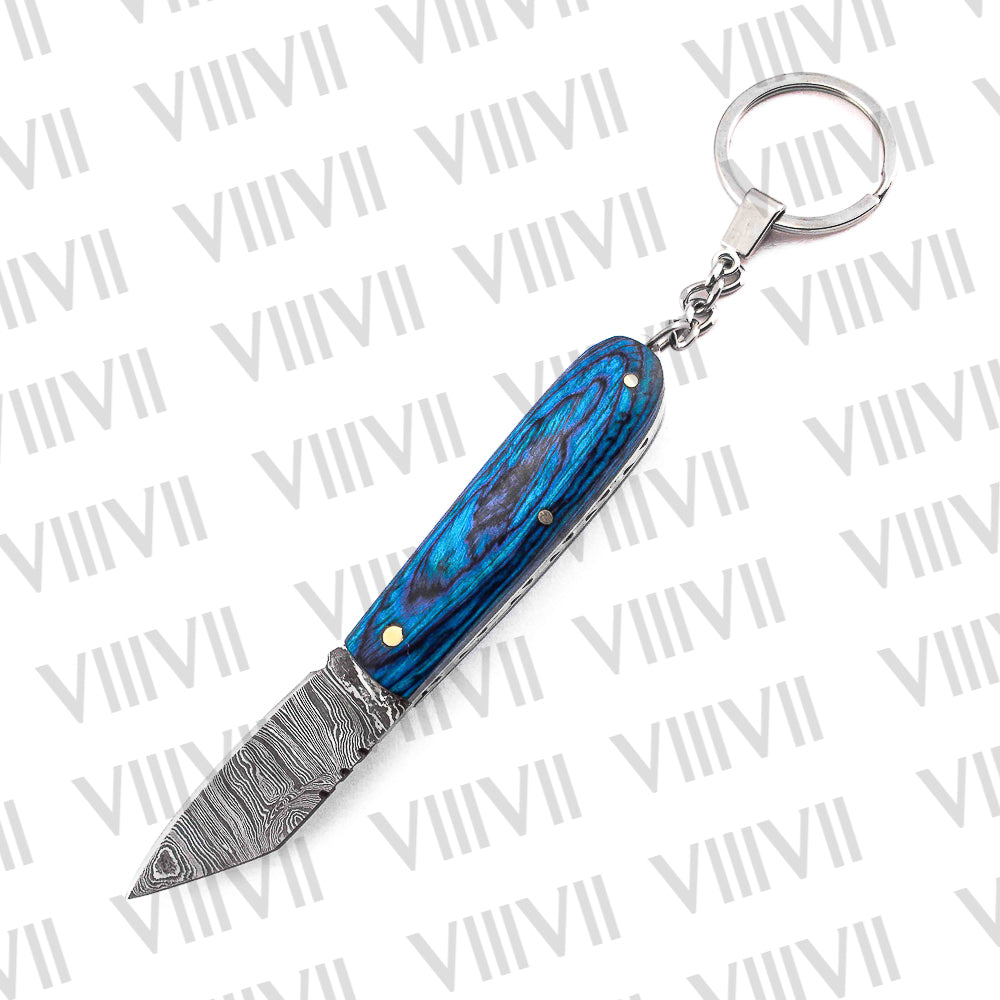Folding Pocket Knife Keychain – Damascus or Stainless Steel Blade with Blue Wood Handle | Mini EDC Utility Knife for Gifting & Everyday Carry