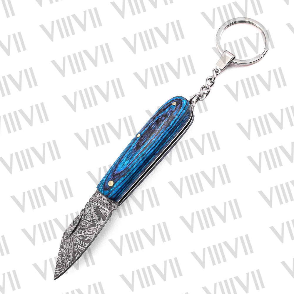 Folding Pocket Knife Keychain – Damascus or Stainless Steel Blade with Blue Wood Handle | Mini EDC Utility Knife for Gifting & Everyday Carry
