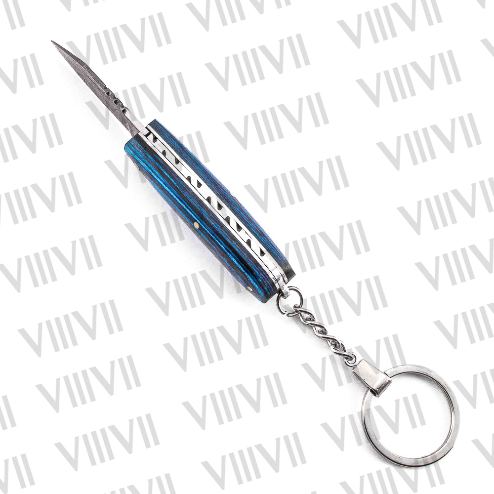 Folding Pocket Knife Keychain – Damascus or Stainless Steel Blade with Blue Wood Handle | Mini EDC Utility Knife for Gifting & Everyday Carry